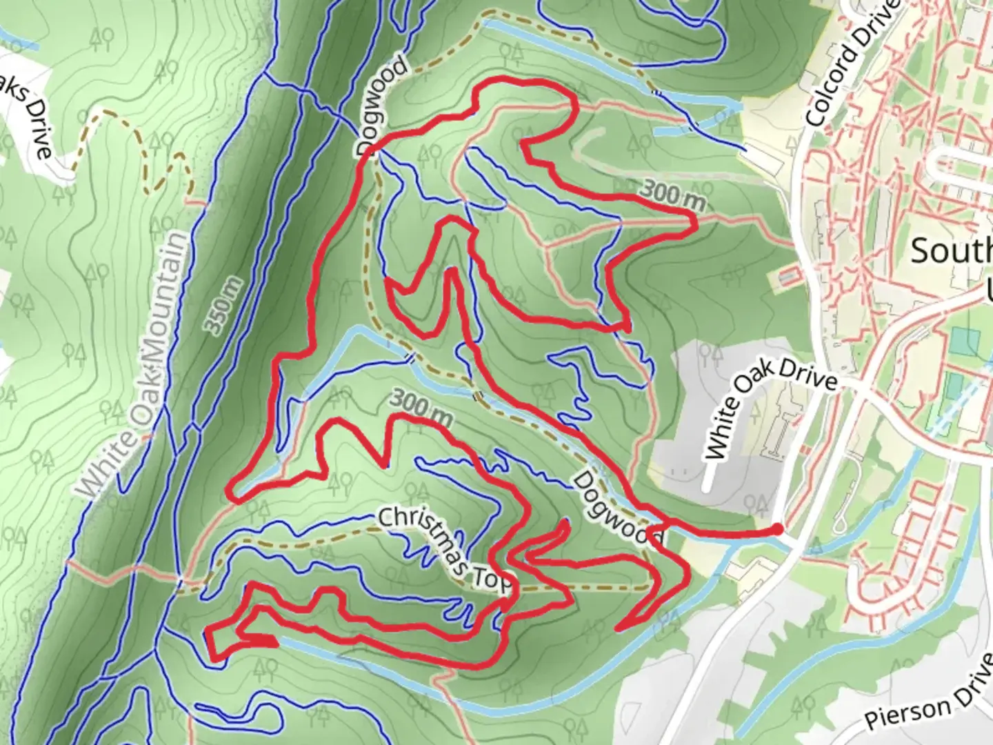 An image depicting the trail Dogwood, Coyote and Pine Loop and its surrounding area.