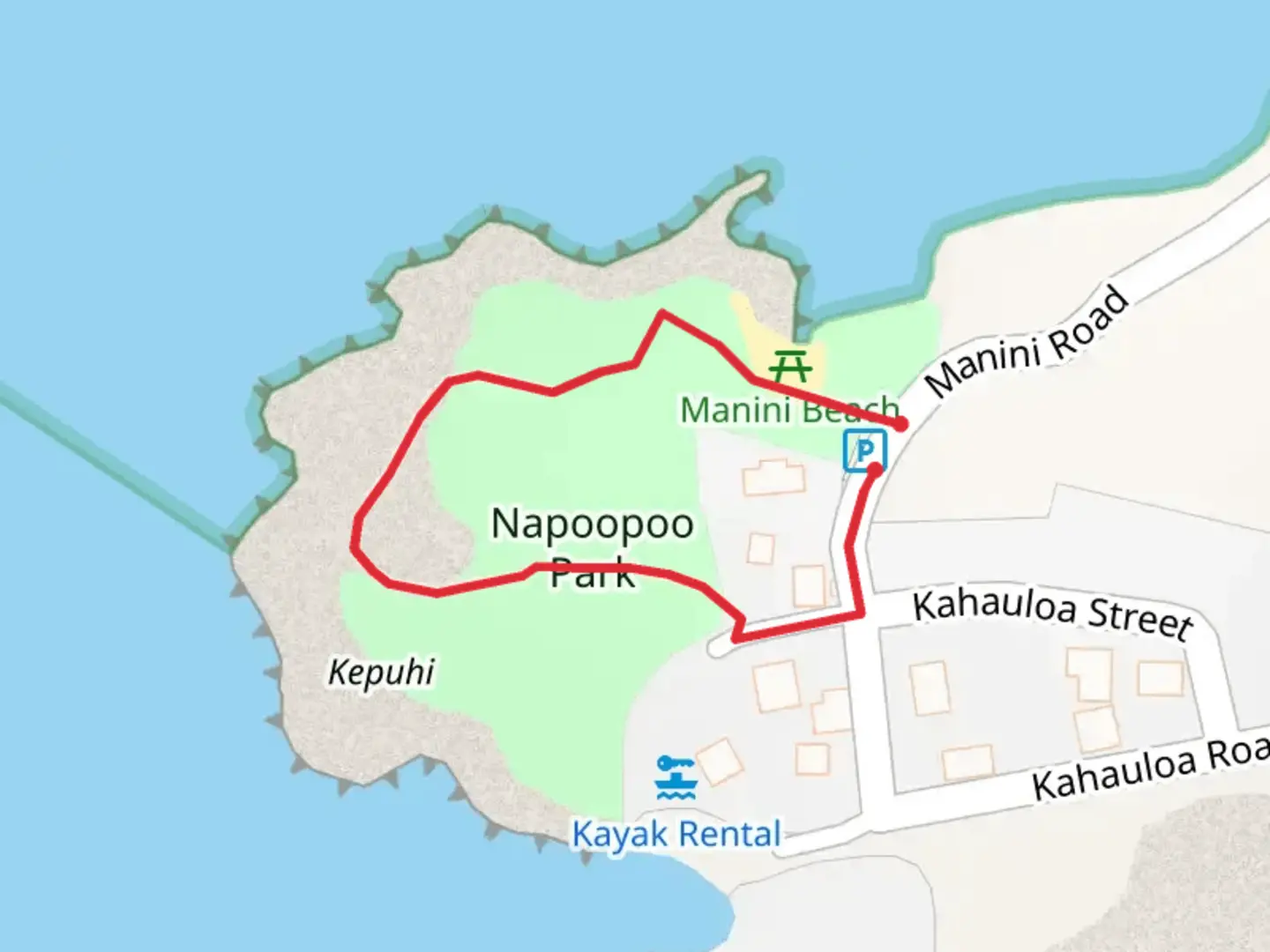 An image depicting the trail Napoopoo Park Loop and its surrounding area.