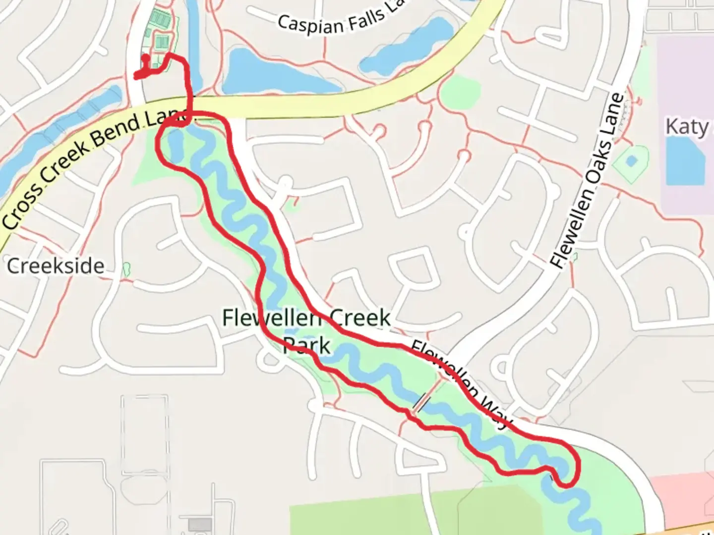 An image depicting the trail Flewellen Creek Park Loop and its surrounding area.
