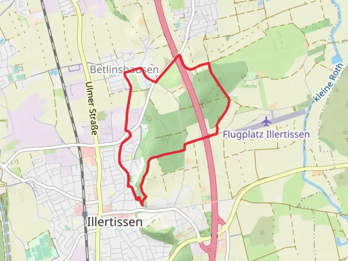 An image depicting the trail Weiher via Stadt Illertissen and its surrounding area.
