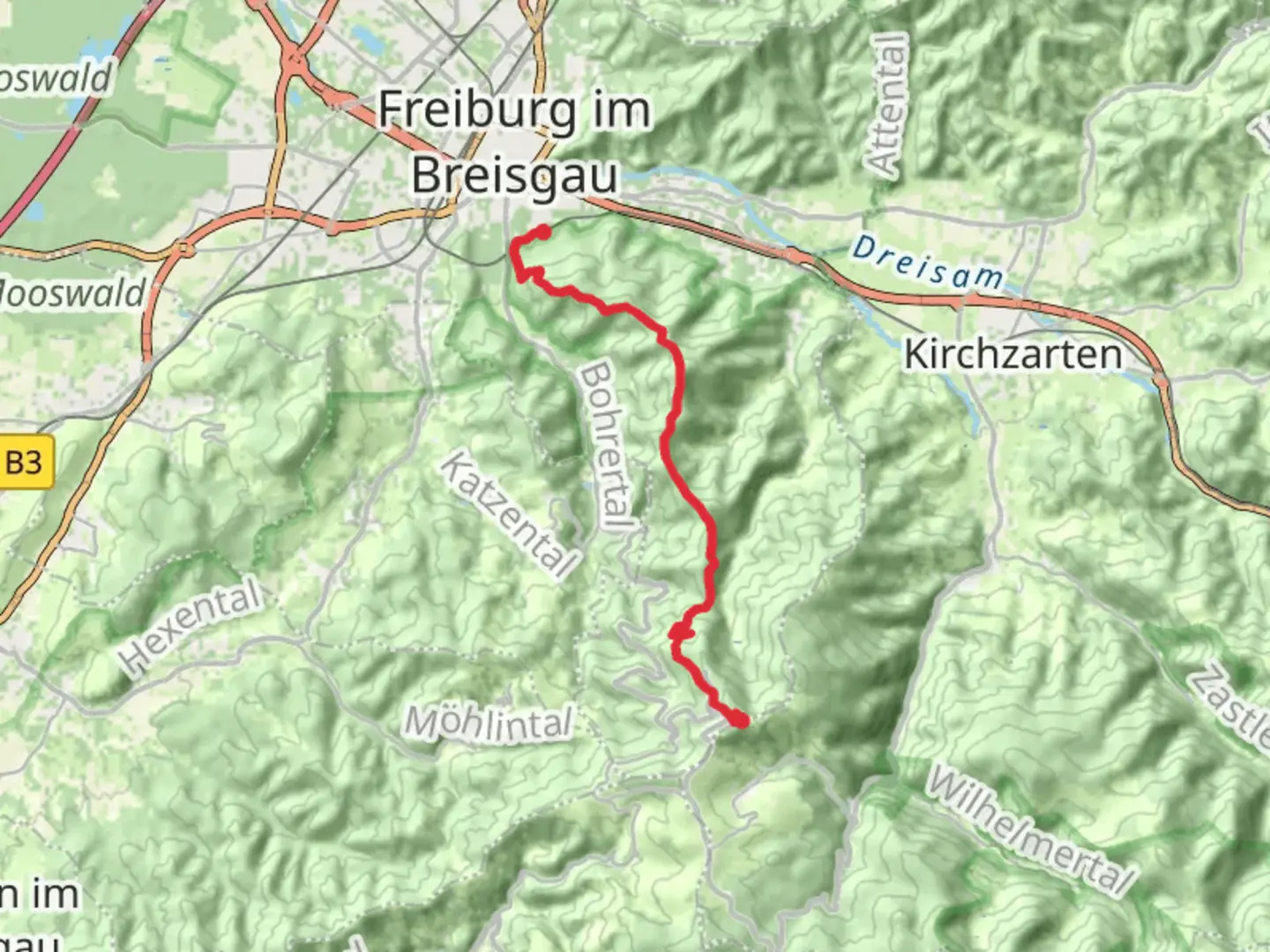 An image depicting the trail Freiburg Bonndorf and its surrounding area.