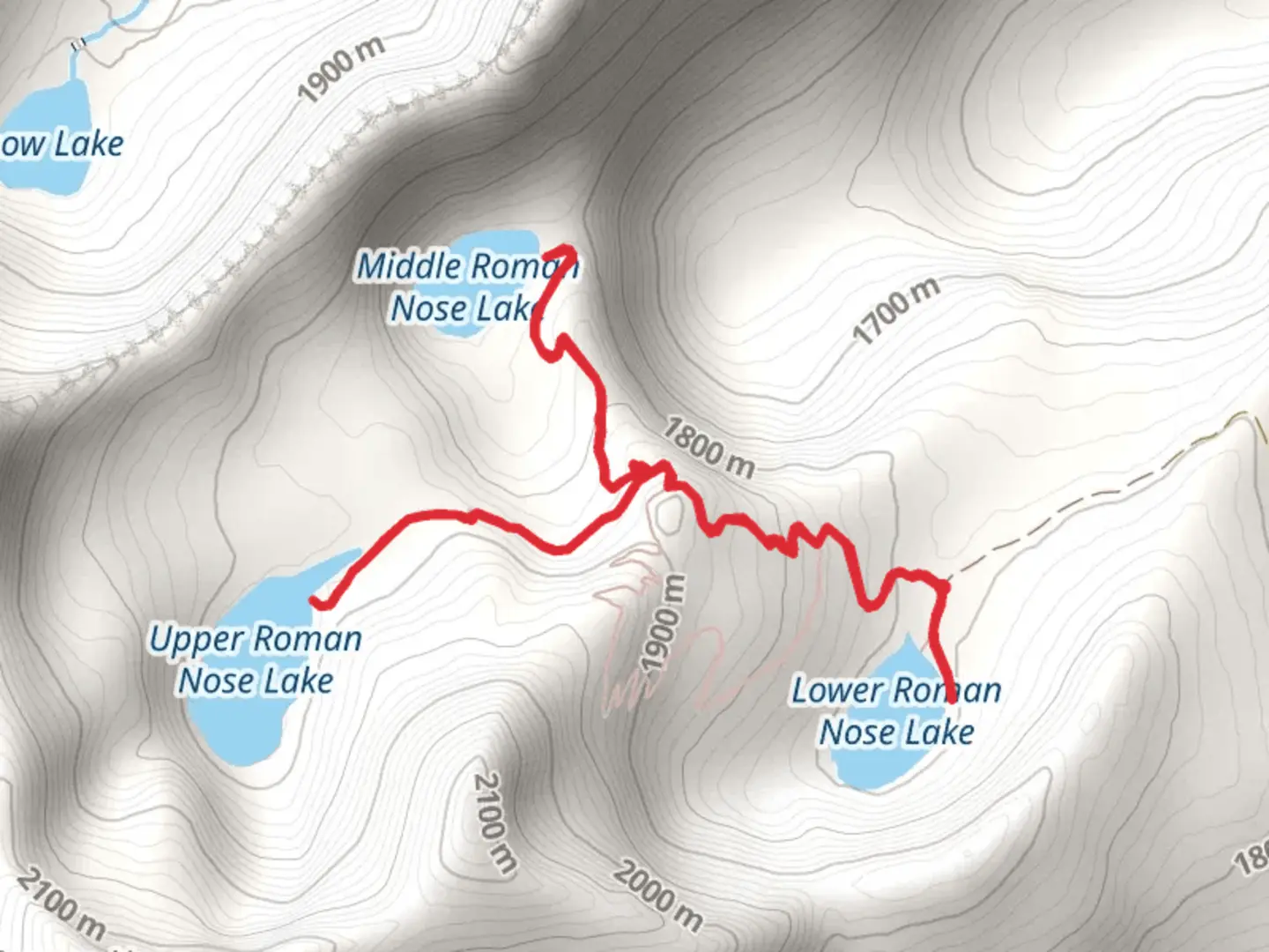 An image depicting the trail Lower, Middle and Upper Roman Nose Lake and its surrounding area.