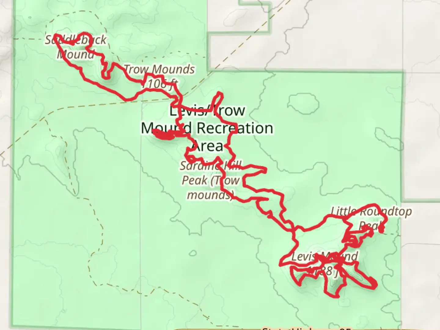 An image depicting the trail Little Roundtop Peak, Saddleback Mound and Levis Mouns Loop Trail and its surrounding area.
