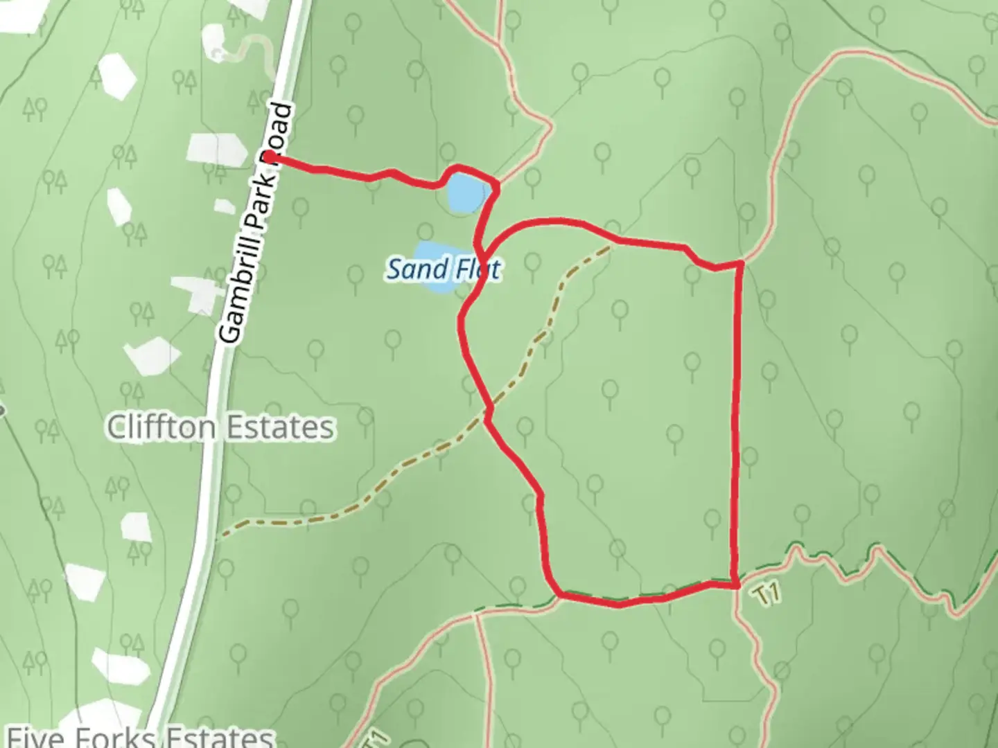 An image depicting the trail Sand Flats Trail and Nordic Loop Track and its surrounding area.