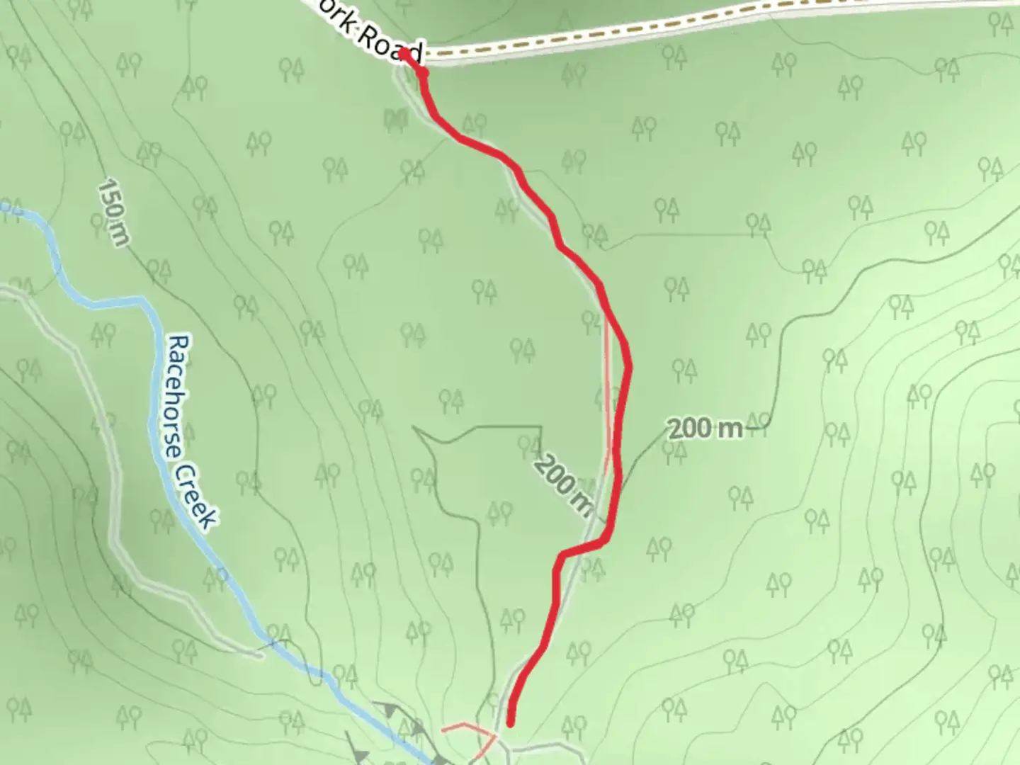 An image depicting the trail Racehorse Falls Out and Back and its surrounding area.