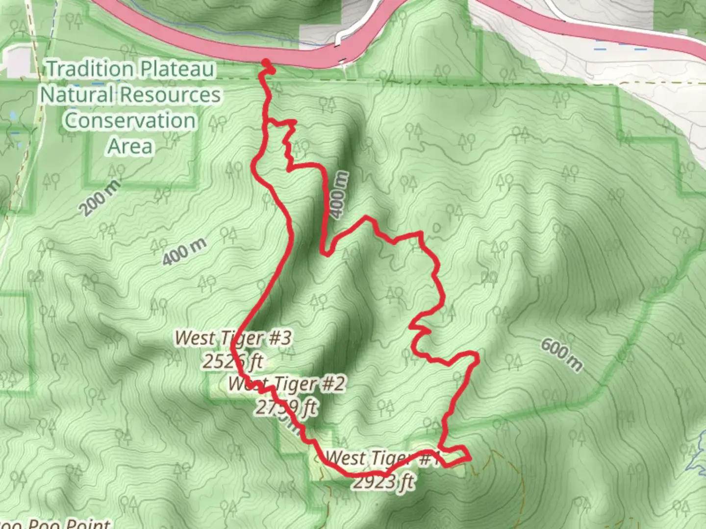An image depicting the trail Cable Line and West Tiger 3, 2, and 1 Loop Trail and its surrounding area.