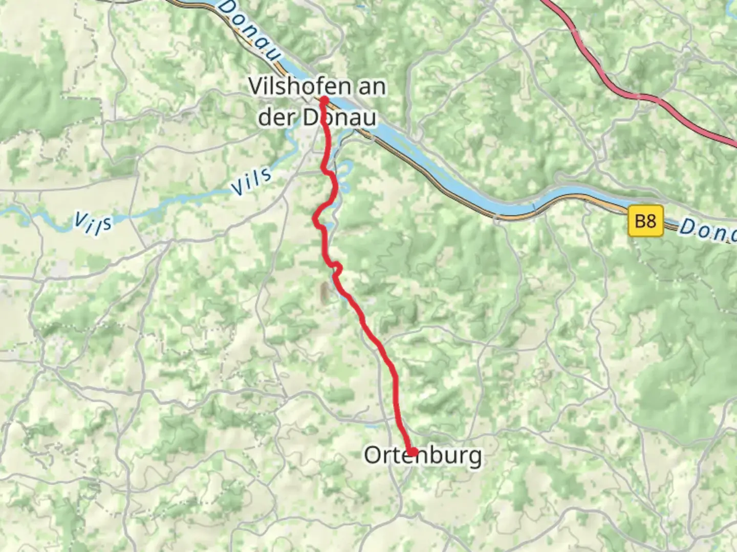 An image depicting the trail Vilshofen sn der Donau to Ortenburg via Wolfach and its surrounding area.