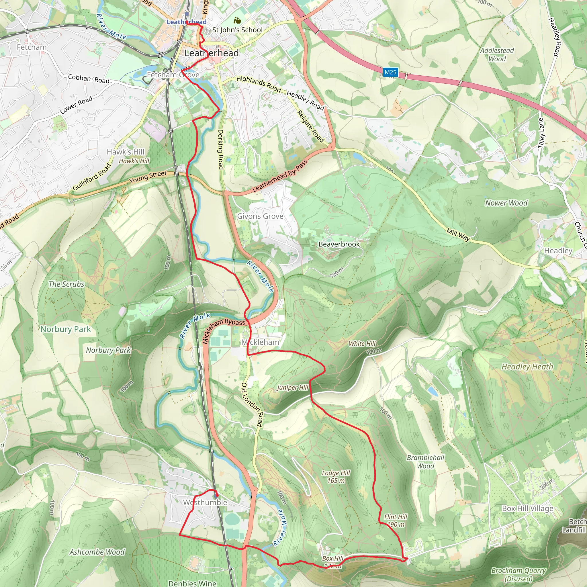 Westhumble to Leatherhead Walk mobile static map