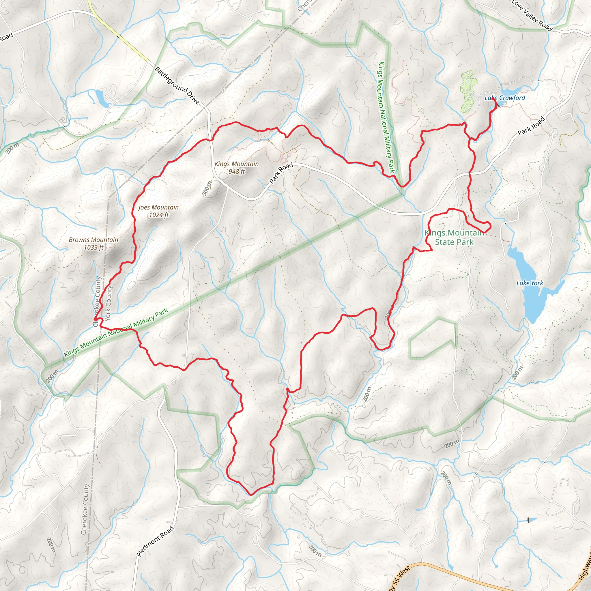 Kings Mountain National Recreation Loop Trail from Lake Crawford mobile static map