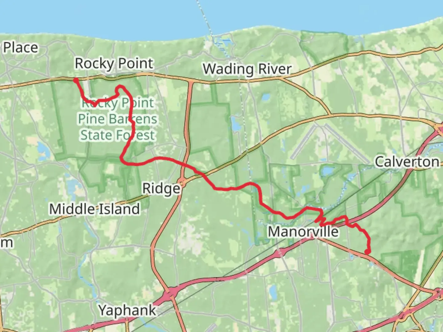 An image depicting the trail Rocky Point Reed Trail and Paumanok Path Trail from Route 25A and its surrounding area.