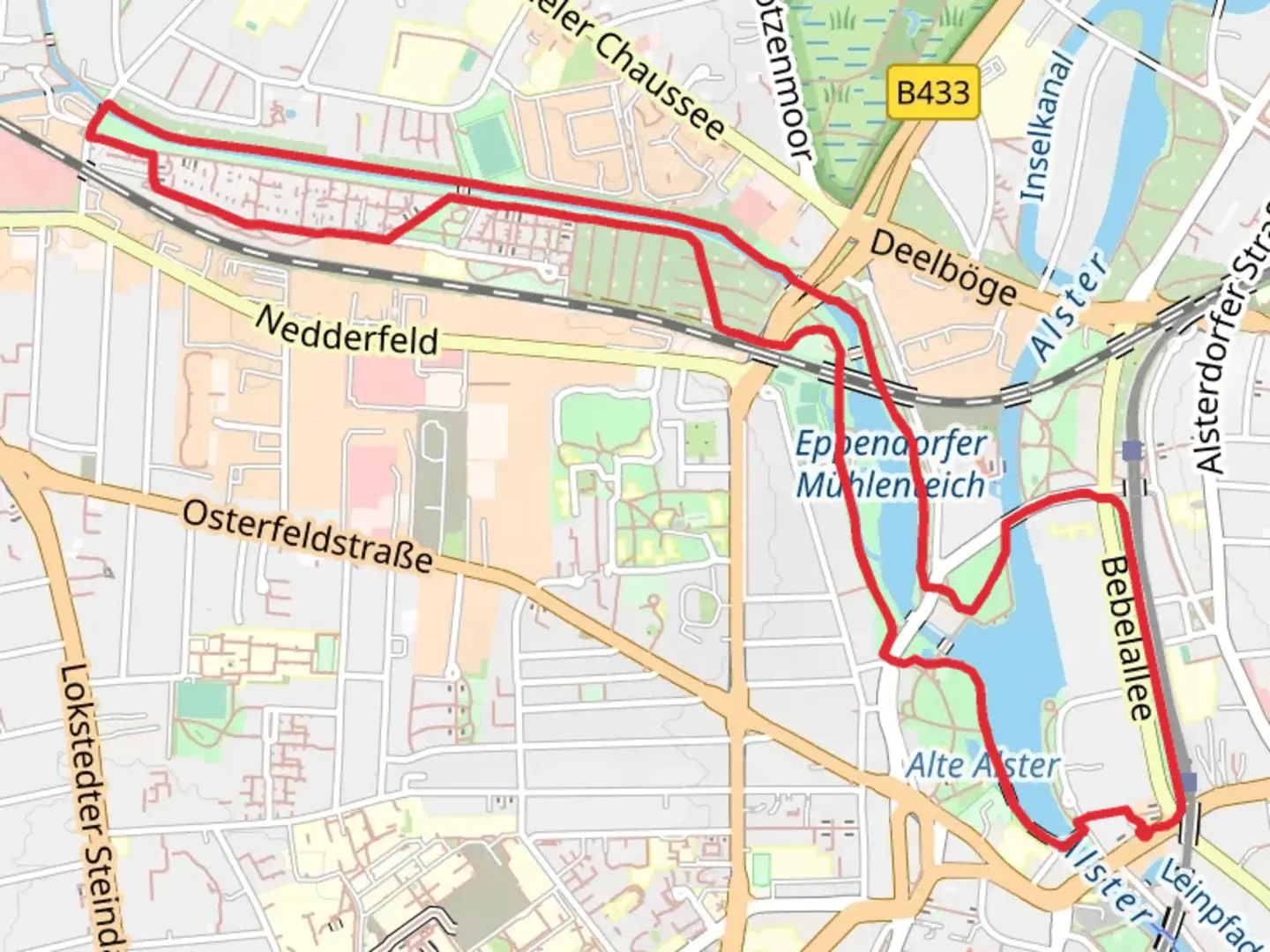 An image depicting the trail Meenkwiese, Eppendorfer Muehlenteich and Alster via Tarpenbek-Kollau-Wanderweg and its surrounding area.