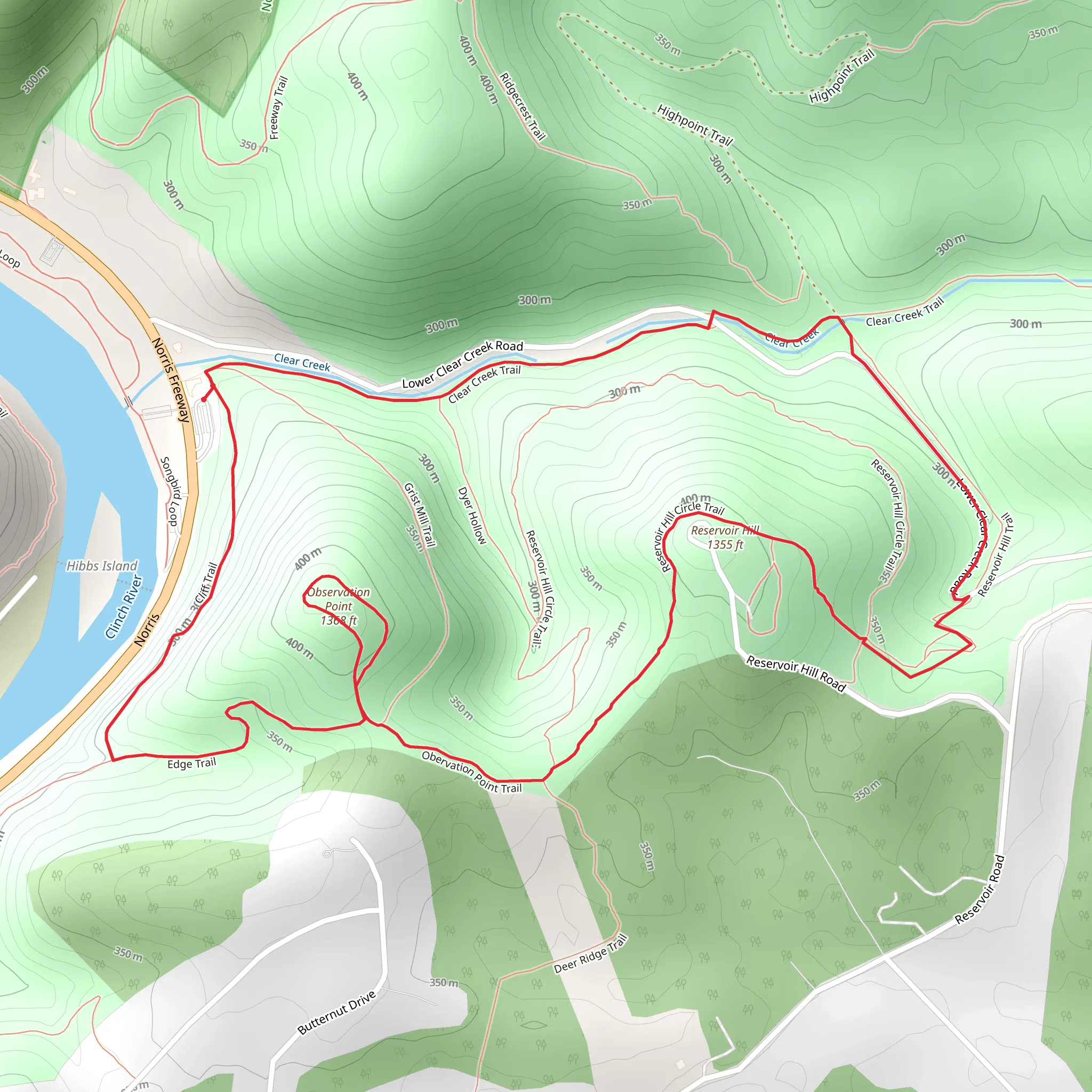 Cliff Trail, Obervation Point Trail and Clear Creek Loop Trail mobile static map