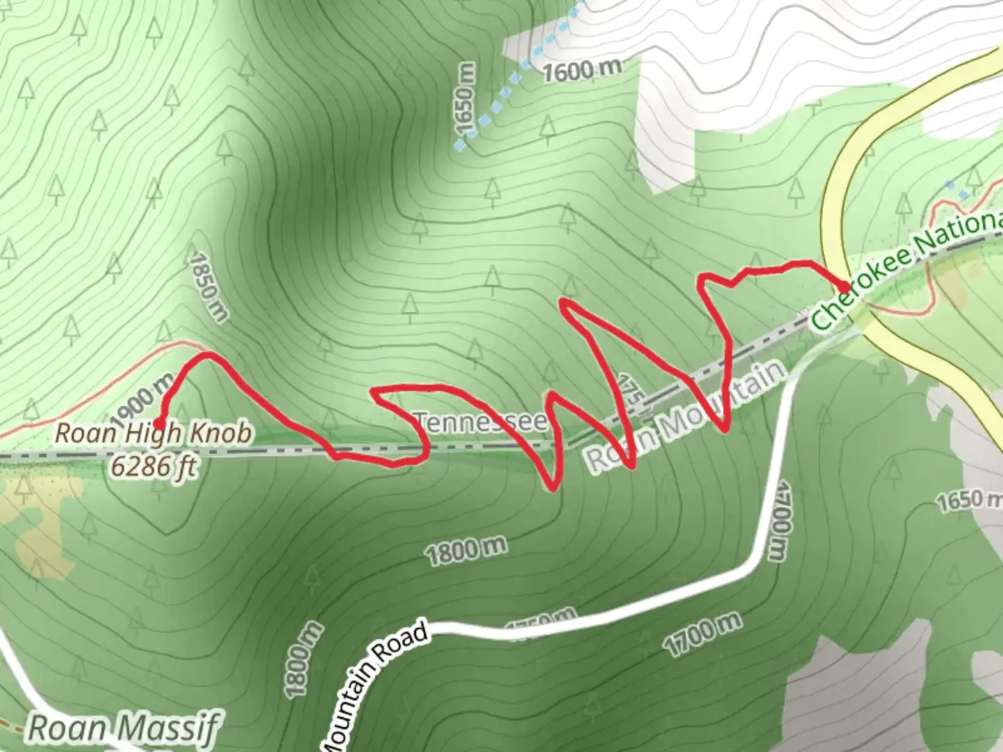 An image depicting the trail Roan High Knob via Appalachian Trail and its surrounding area.