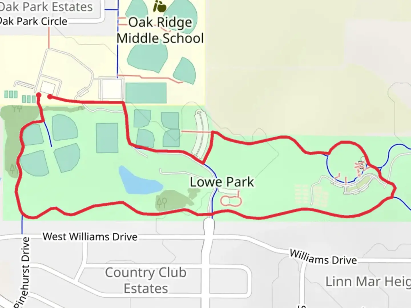 An image depicting the trail Lowe Park Loop and its surrounding area.