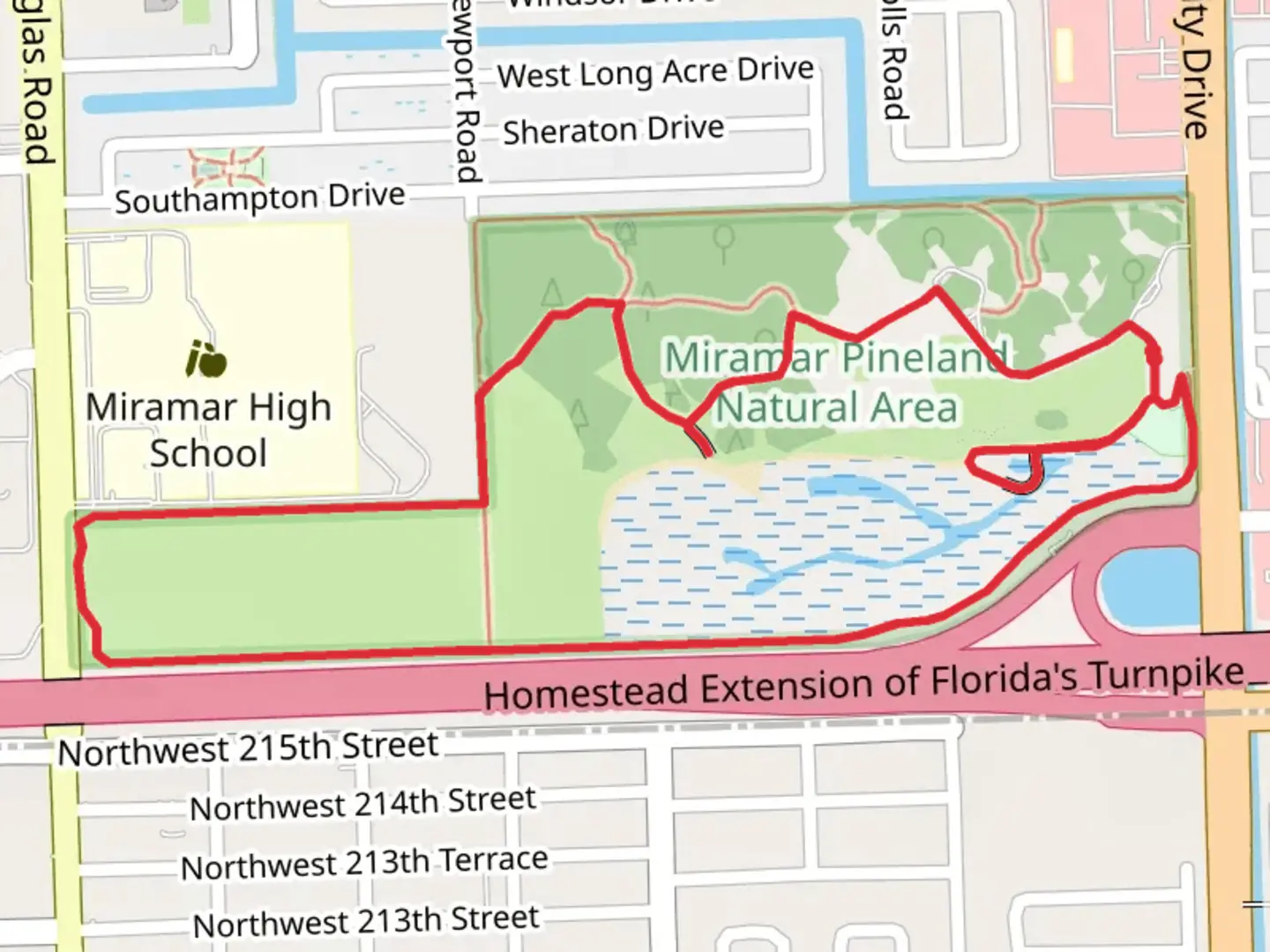 An image depicting the trail Miramar Pineland Park Loop and its surrounding area.