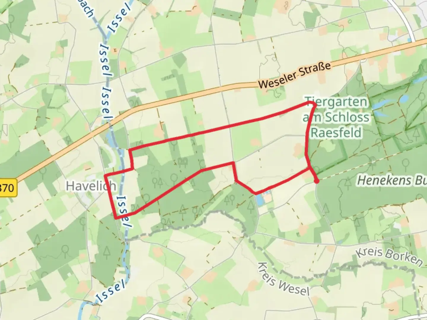 An image depicting the trail Raesfeld Wasssermuehle Rundweg and Wesel Guetersloh Isselhorst and its surrounding area.