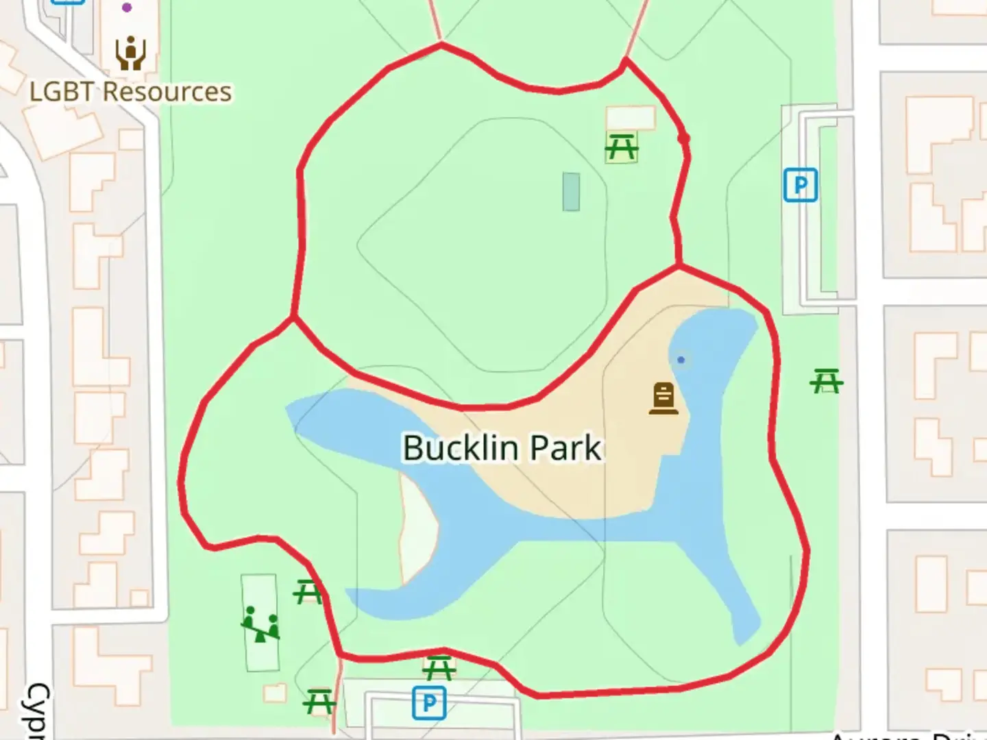 An image depicting the trail Bucklin Park Loop and its surrounding area.