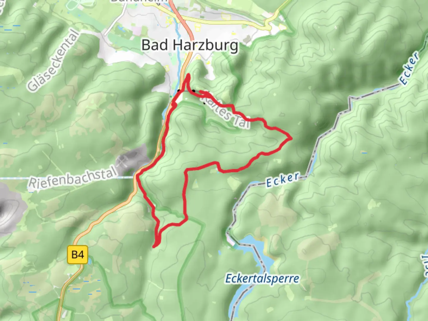 An image depicting the trail Großer Burgberg, Tiefe Kohlstelle and Radau via Harzklub Weg and its surrounding area.