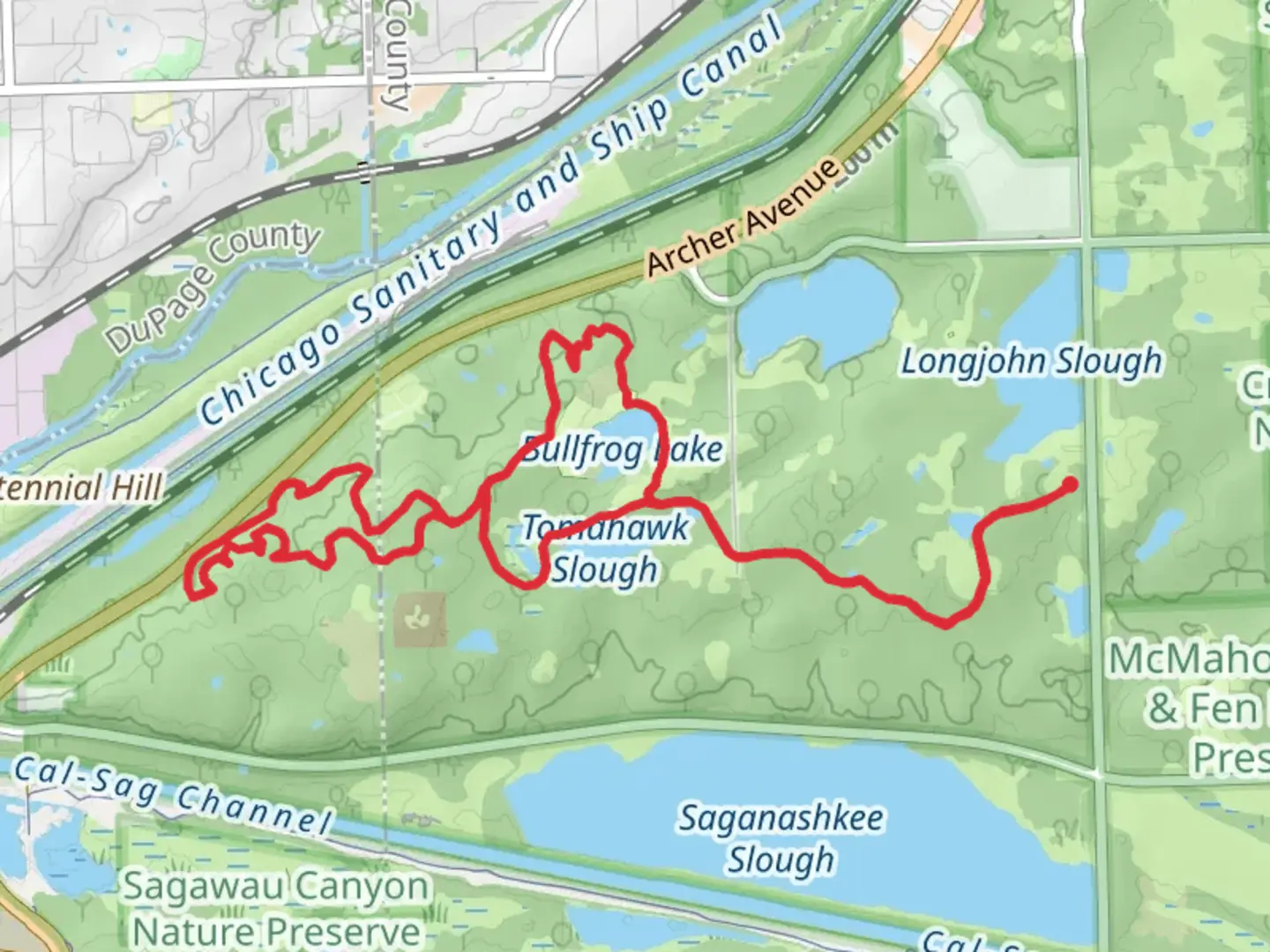 An image depicting the trail Tomahawk Slough and Bull Frog Lake Loop via Palos Orange Unpaved Trail and its surrounding area.