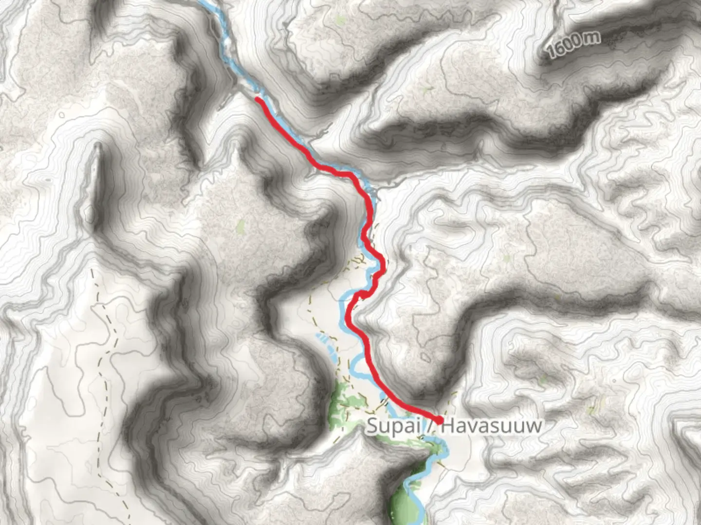 An image depicting the trail Havasupai Camp via Havasu Falls Trail and its surrounding area.