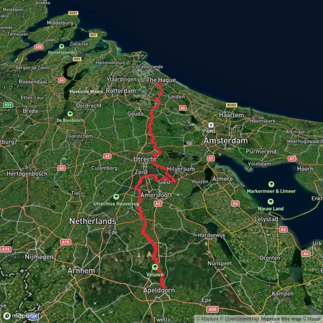 An image depicting the trail Apeldoorn to The Hague via Soerenseweg, Houtbeekweg, Biltseweg, Vuursche Pad and Duinwaterpad and its surrounding area.