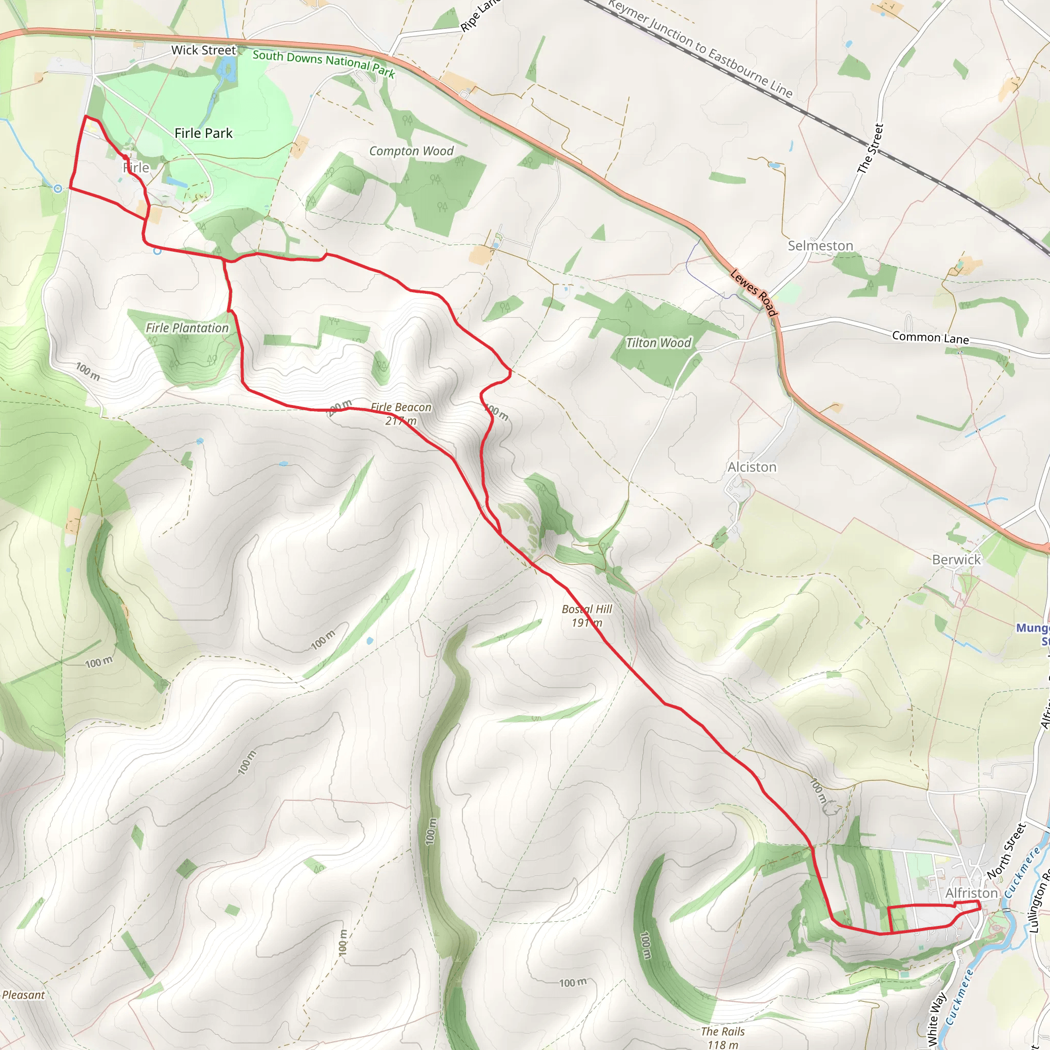 Round Hill, Alfriston and Long Barrow via South Downs Way mobile static map