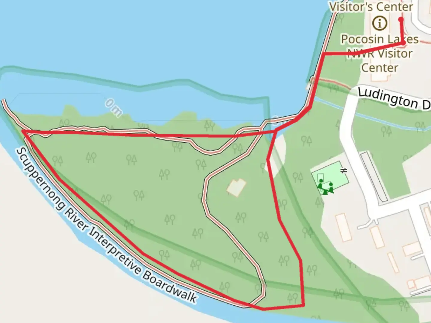 An image depicting the trail Scuppernong River Interpretive Boardwalk Loop and its surrounding area.