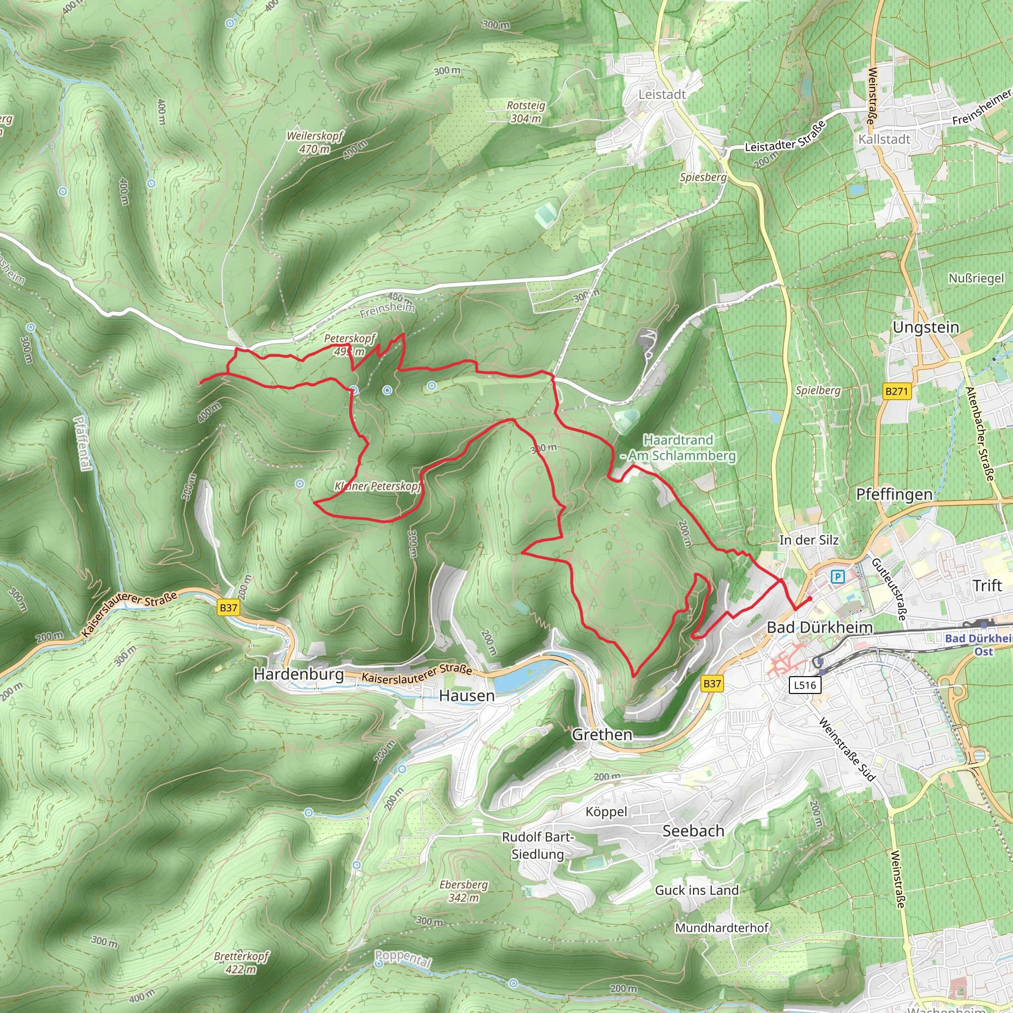 Schäferwarte, Hubertus Hilf, Heidenfels and Peterskopf Loop via Pfalzer Weinsteig Etappe 2 mobile static map
