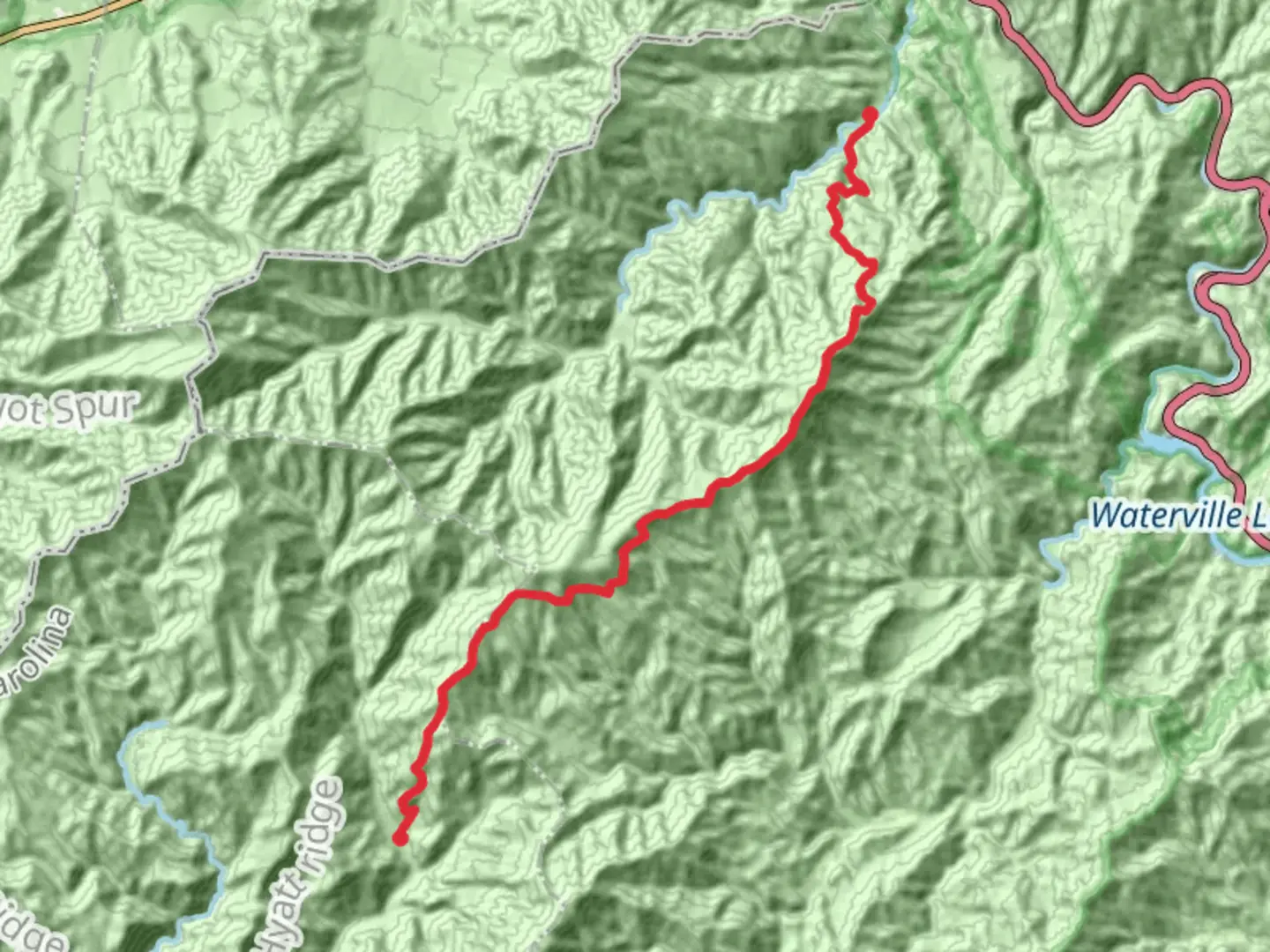 An image depicting the trail Baxter Creek Trail to Balsam Mountain Road and its surrounding area.