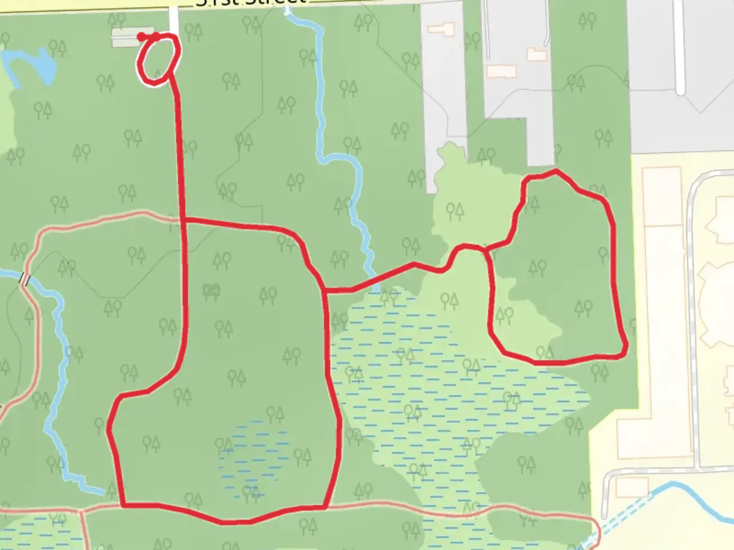 An image depicting the trail Lyman Woods Forest Preserve Loop and its surrounding area.