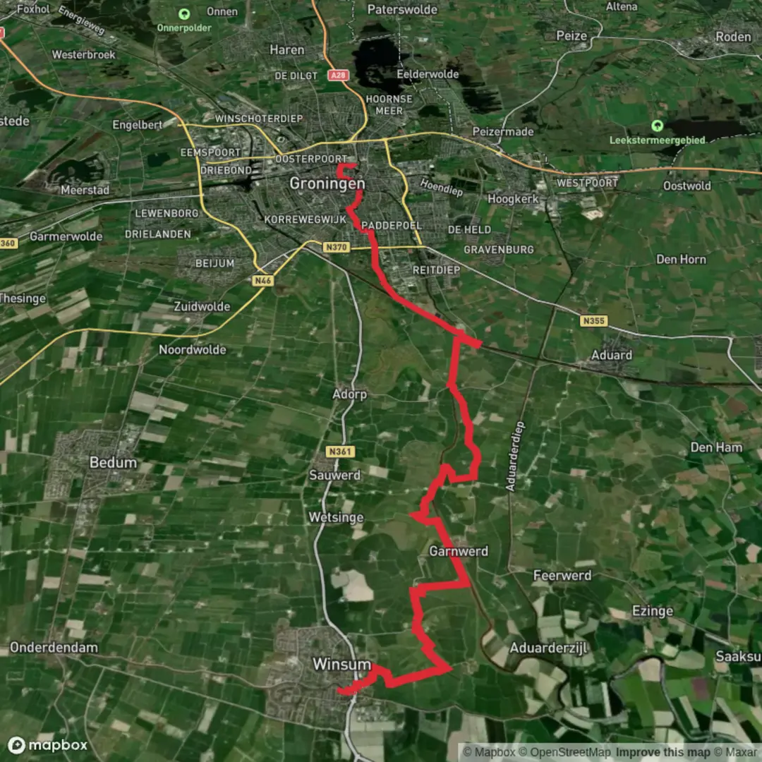 An image depicting the trail Winsum to Hoofdstation via Selwerderhof and its surrounding area.
