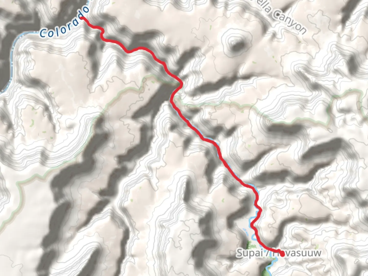 An image depicting the trail Colorado River via Hualapai Trail and Havasu Canyon Trail and its surrounding area.