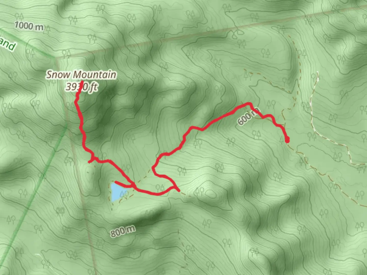 An image depicting the trail Snow Mountain Out and Back and its surrounding area.