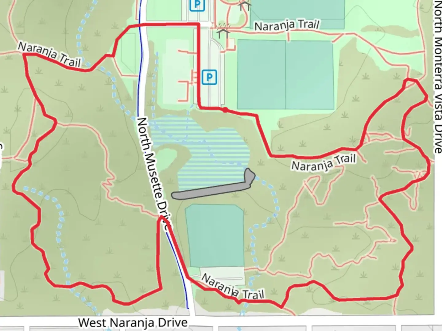 An image depicting the trail Naranja Trail and Naranja Achery Park Loop and its surrounding area.