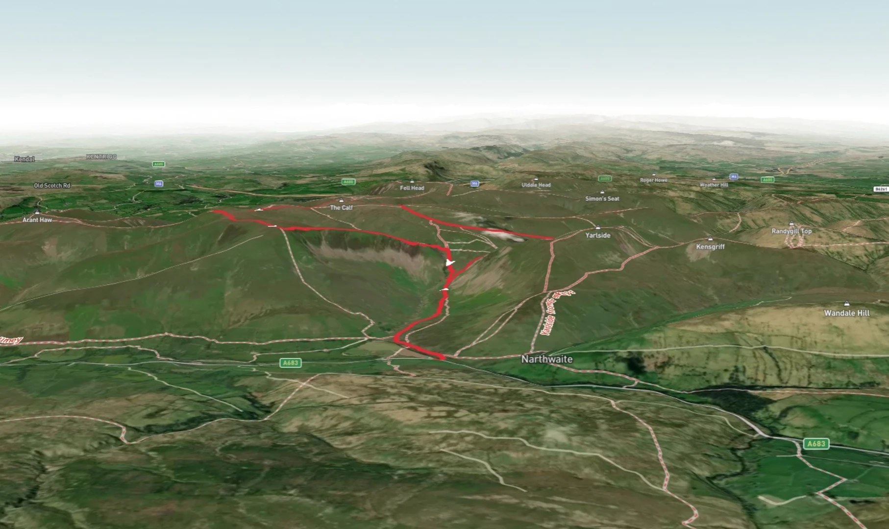 An image depicting the trail The Calf, Calders and Great Dummacks Loop and its surrounding area.