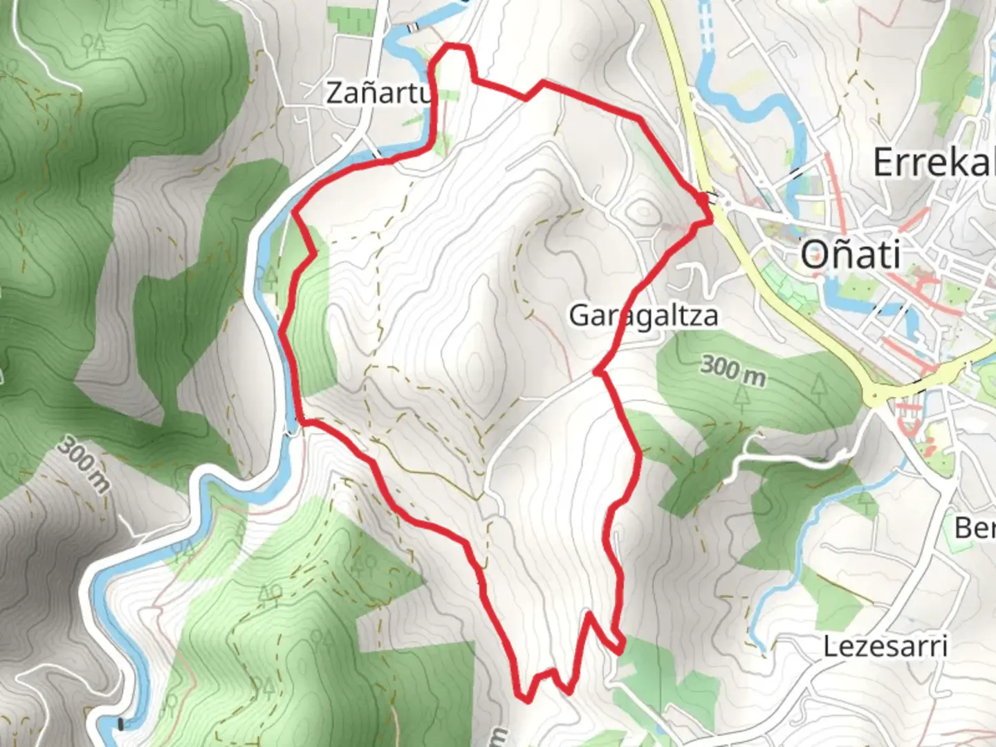 An image depicting the trail Through the Garagaltza Oñati Oeste Neighborhood PR GI 107 and its surrounding area.