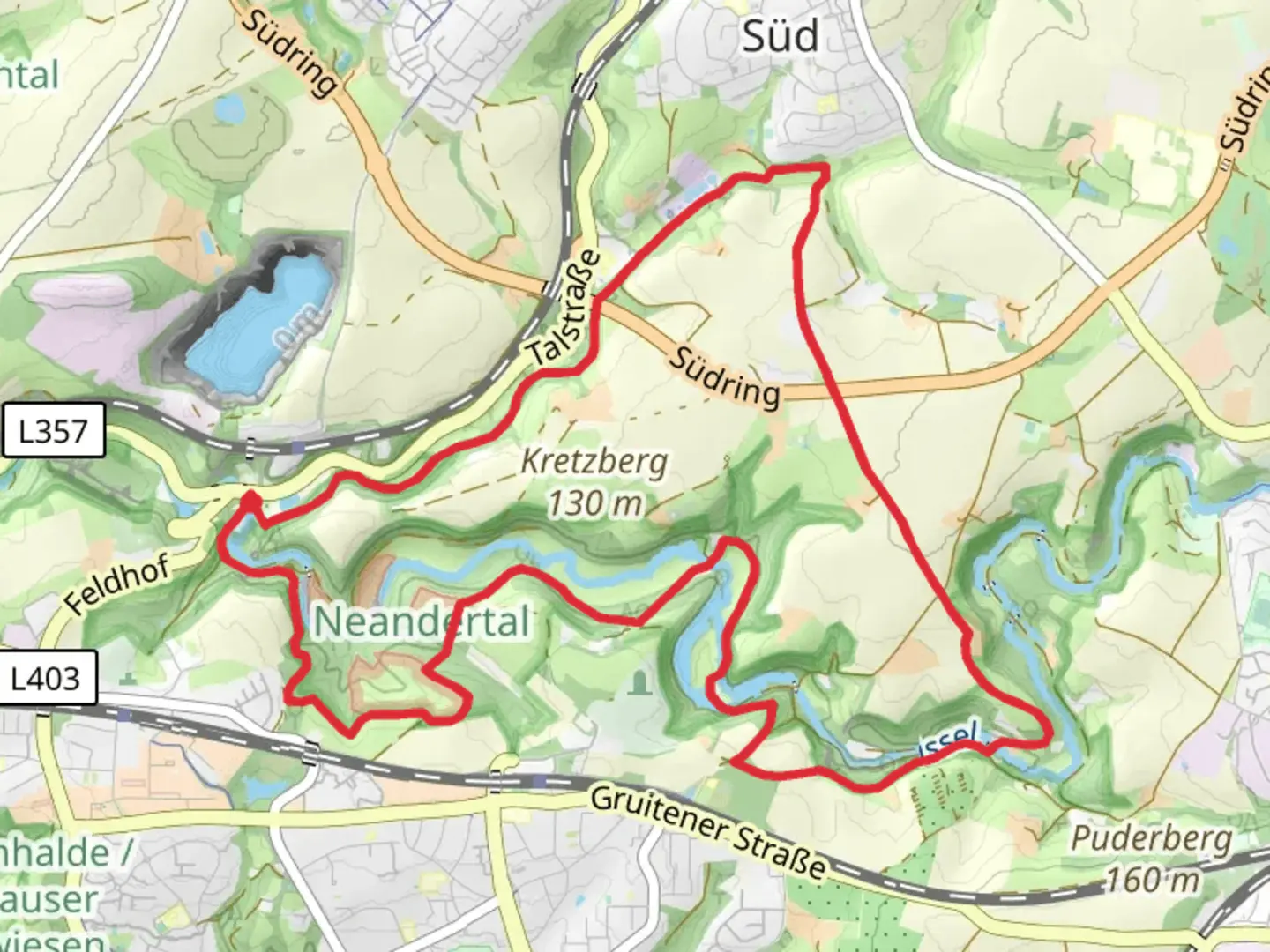 An image depicting the trail Entdeckerschleife Evolutionspfad and Neanderthal Museum Rundweg Loop and its surrounding area.