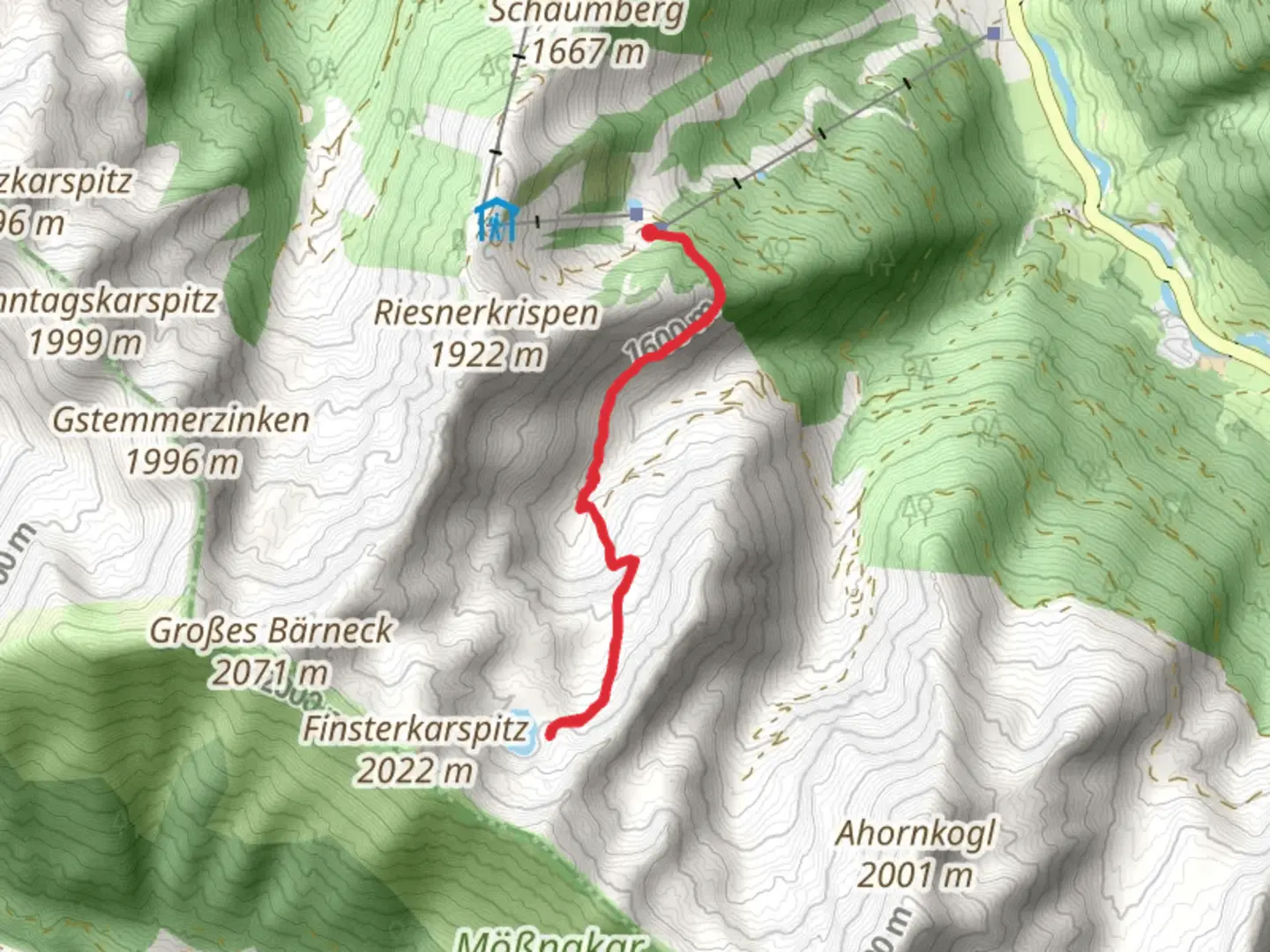 An image depicting the trail Christerbauer to Finsterkaralm and Finsterkarsee and its surrounding area.
