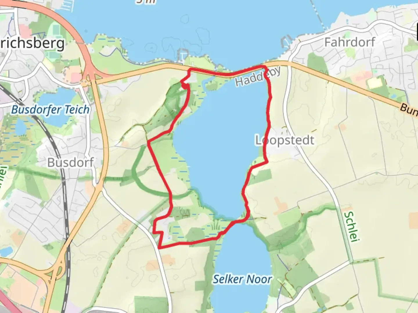 An image depicting the trail Haddebyer Noor Loop and its surrounding area.