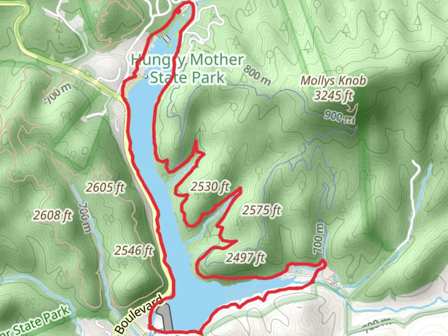 An image depicting the trail Hungry Mother Lake Loop Trail and its surrounding area.