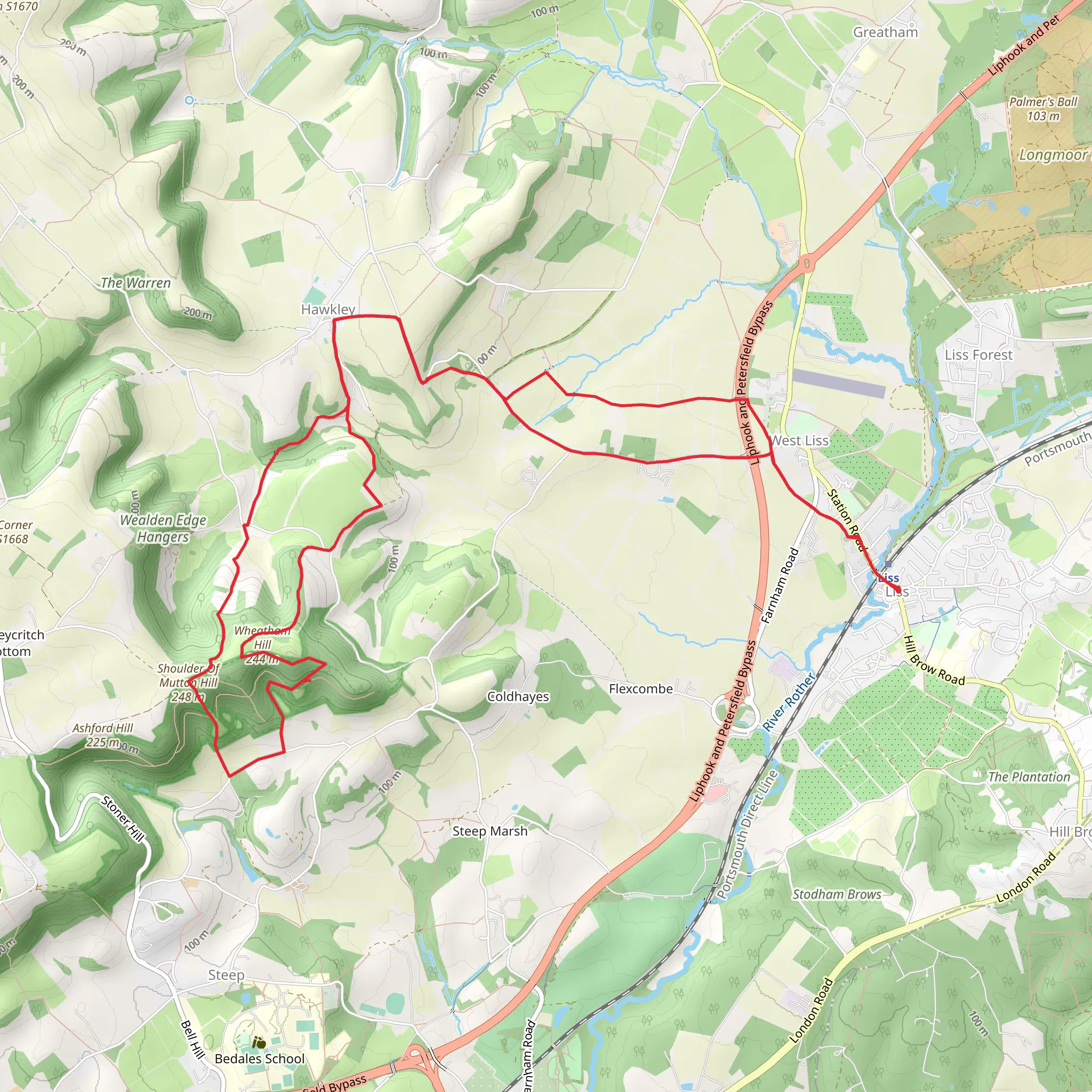 Shoulder of Mutton Hill, Ashford Hangers National Nature Reserve and Wheatham Hill Loop from Liss mobile static map