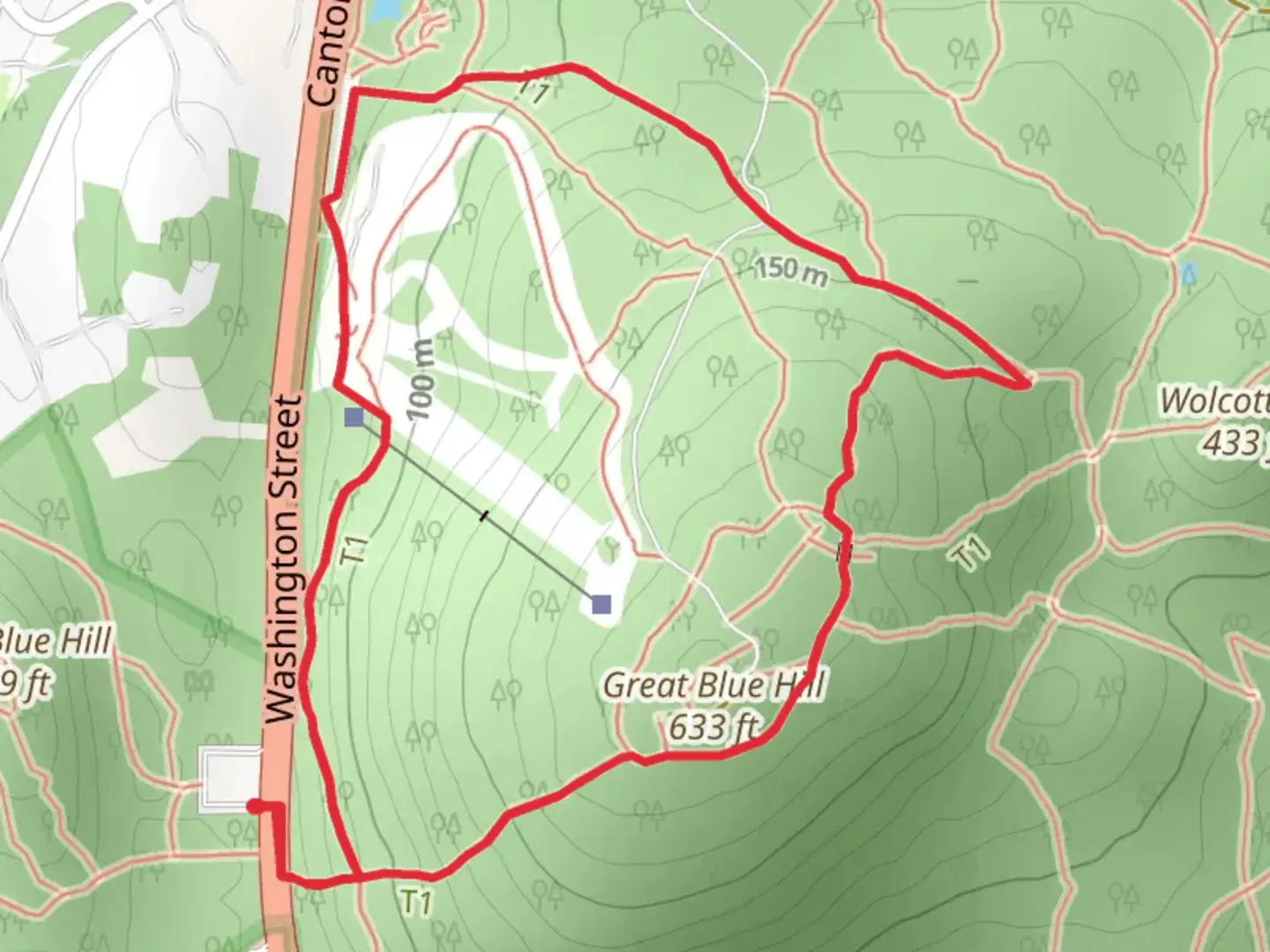 An image depicting the trail Great Blue Hill Loop Via Skyline Trail and its surrounding area.