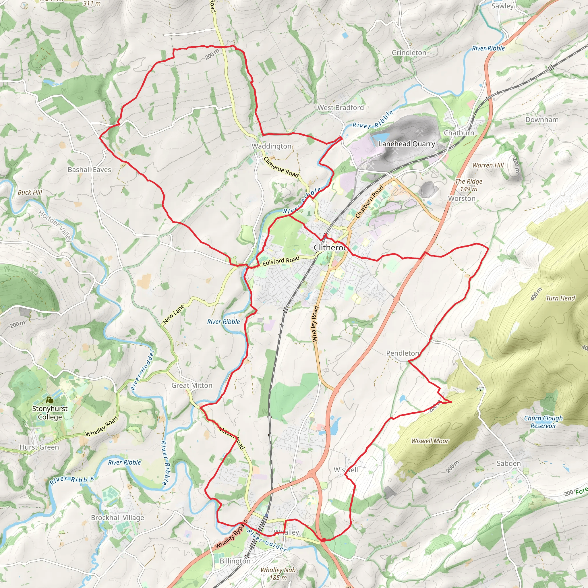Whalley to Waddington to Wiswell Wander Loop mobile static map