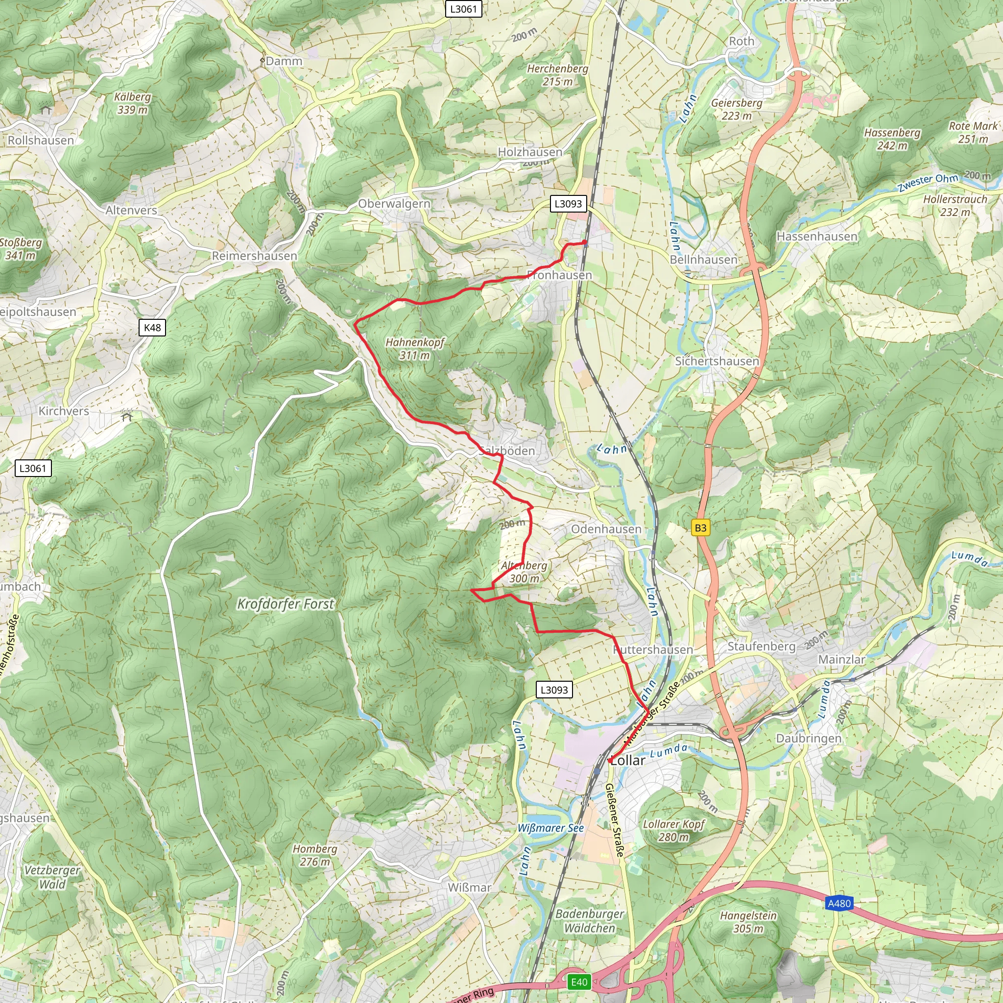 Fronhausen to Lollar Walk via Auf dem Kippel mobile static map