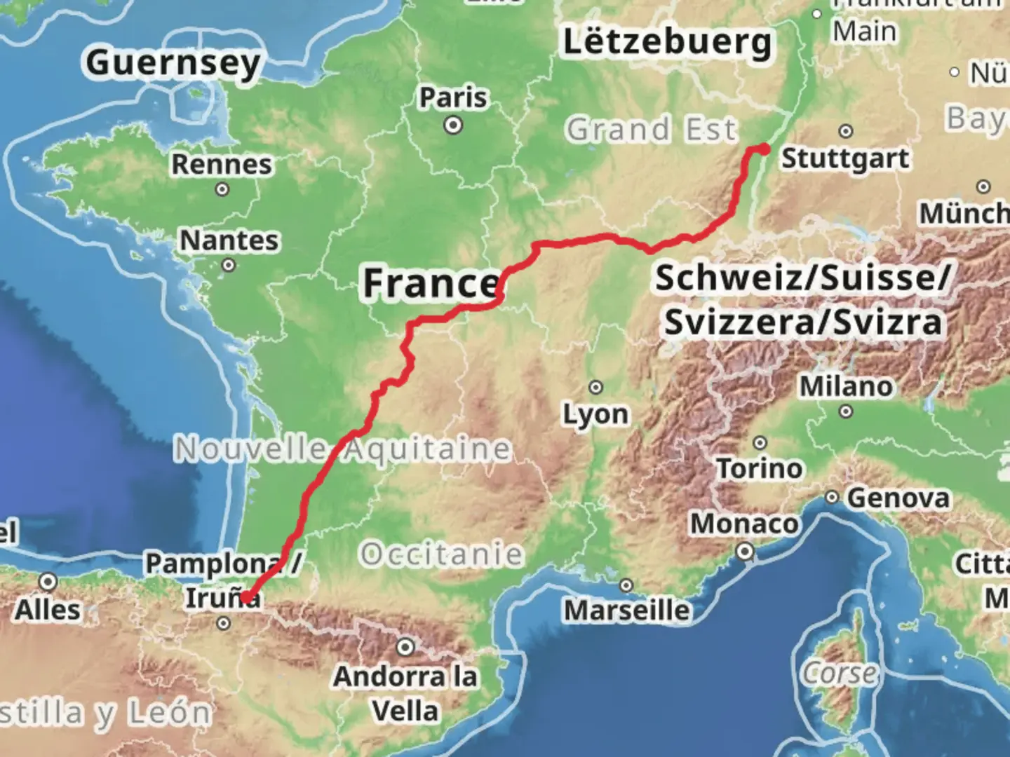 An image depicting the trail Camino Strasbourg-Saint Jean Pied de Port via Vézelay and its surrounding area.