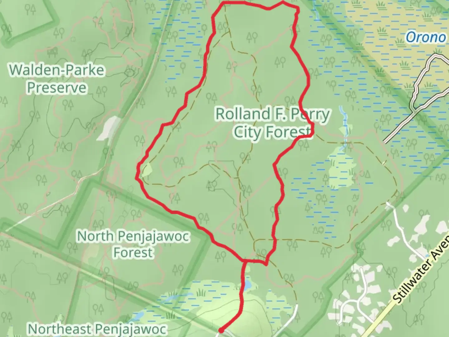 An image depicting the trail East - West Loop Trail and Arboretum Trail Loop and its surrounding area.