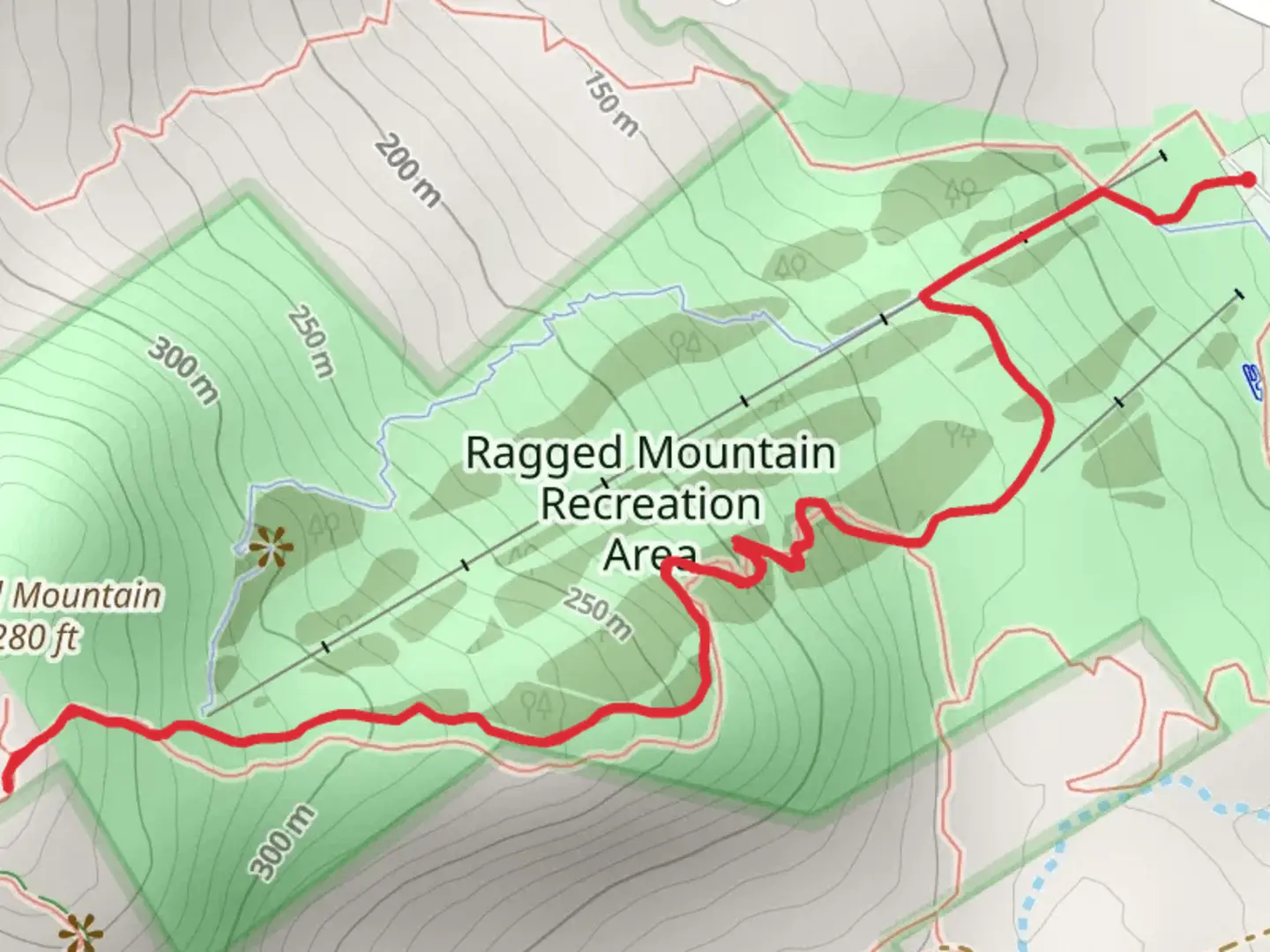 An image depicting the trail Ragged Mountain via Red Mountain Trail and its surrounding area.