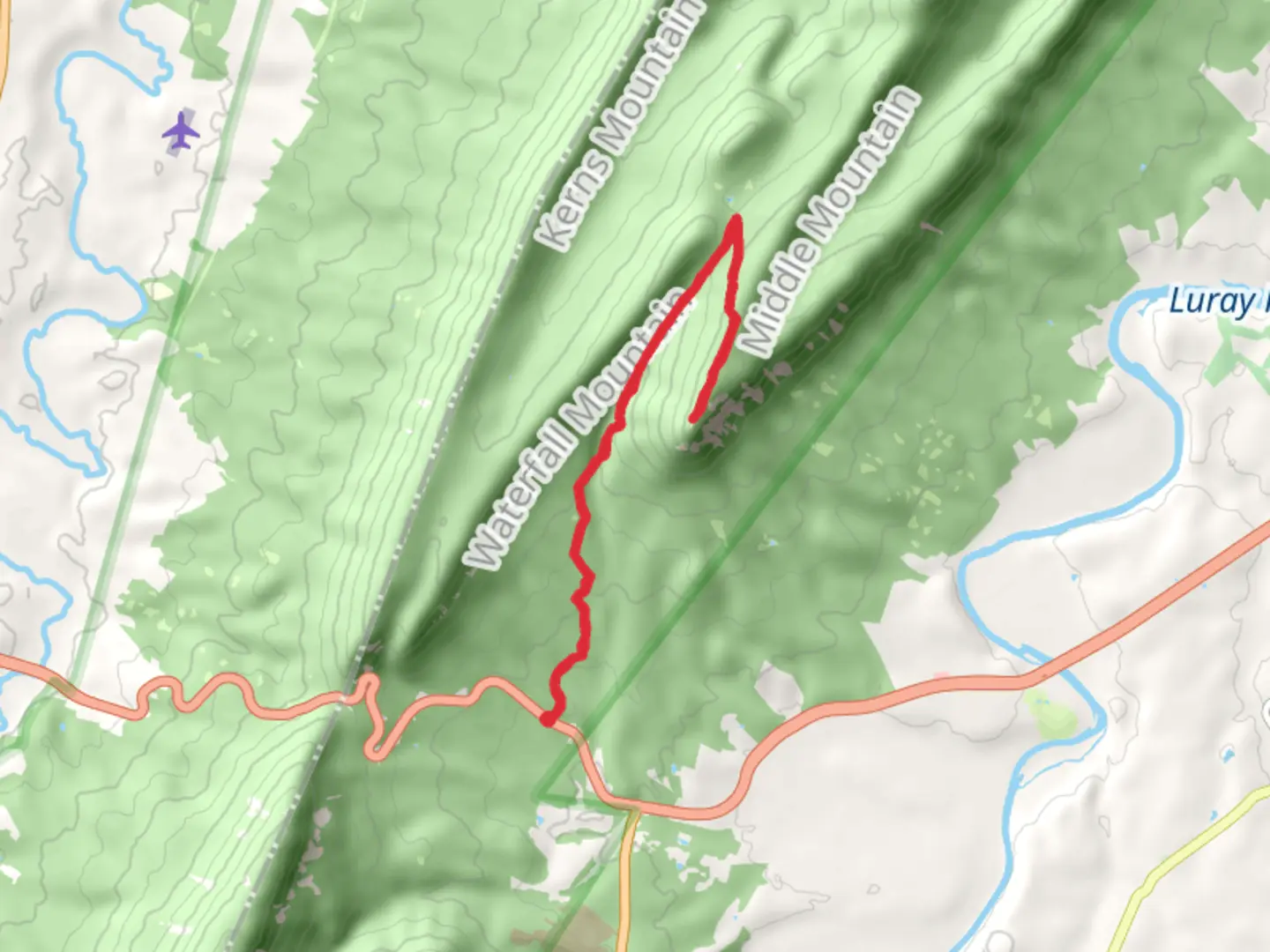 An image depicting the trail Strickler Knob via Massanutten Connector Trail and its surrounding area.