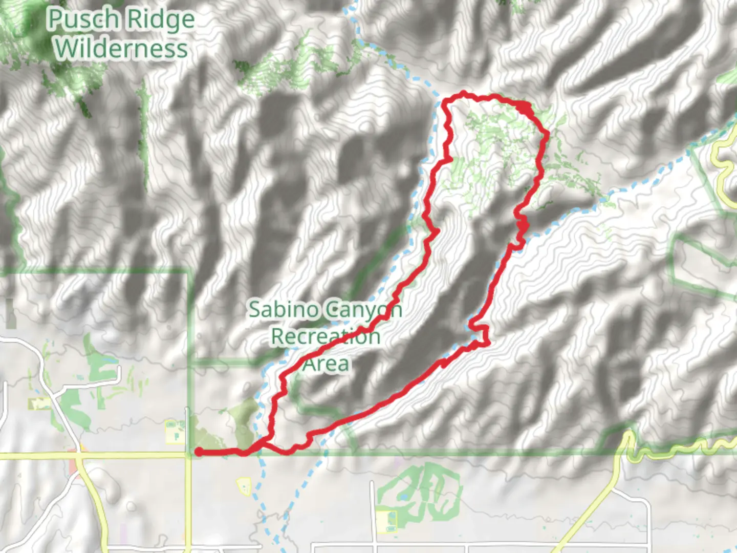An image depicting the trail Bear Canyon, Sycamore Saddle and Phoneline Loop Trail and its surrounding area.