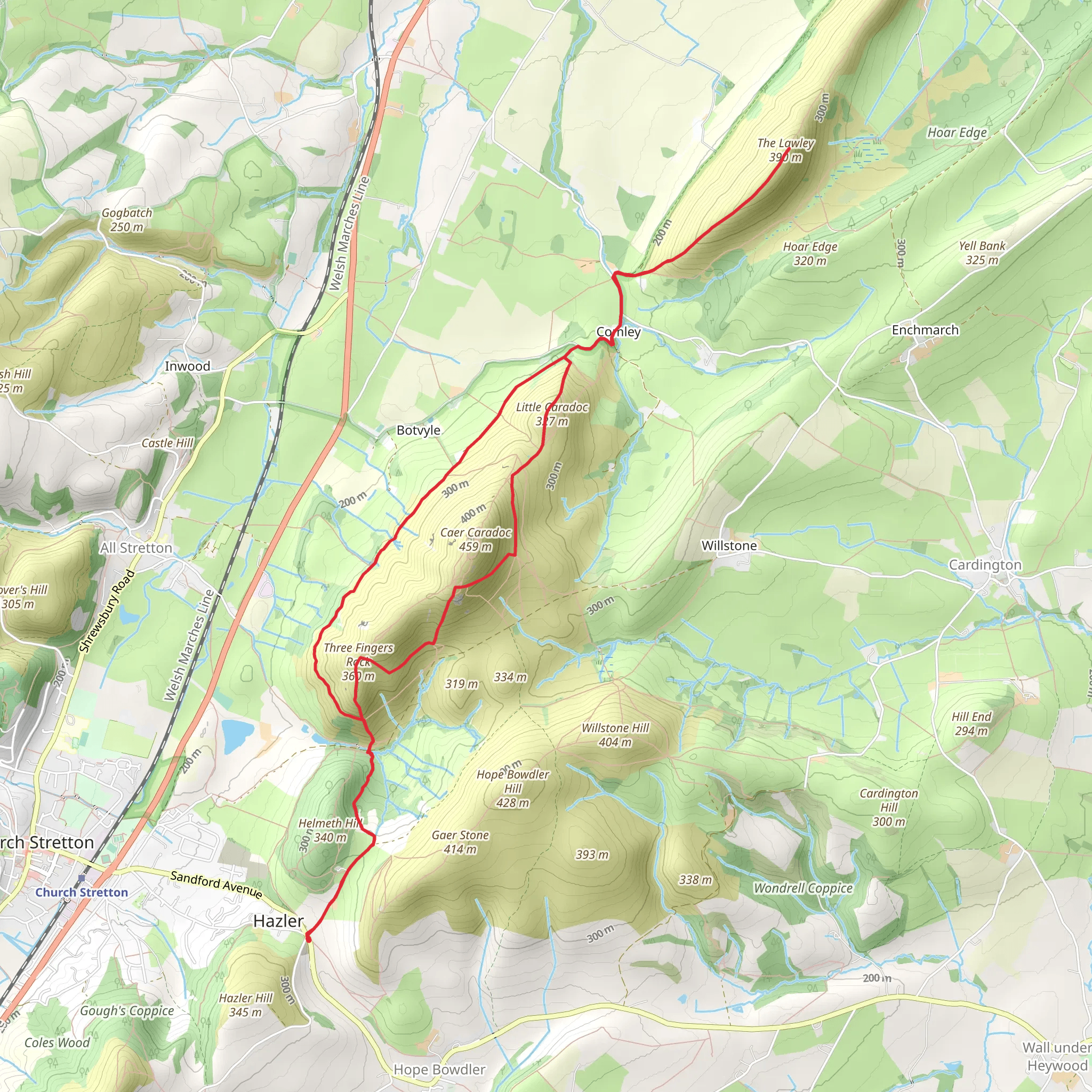 Three Fingers Rock, Little Caradoc and The Lawley Loop from Hazler mobile static map